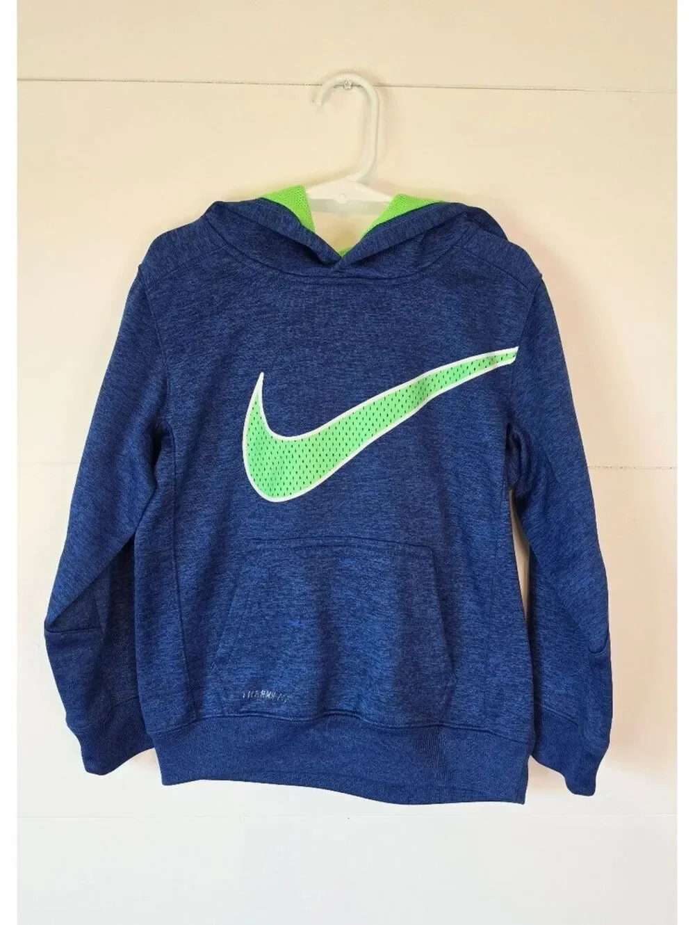 Nike Boys Therma-FIT Hoodie Sweatshirt Blue Neon Green Swoosh Size 6, #96
